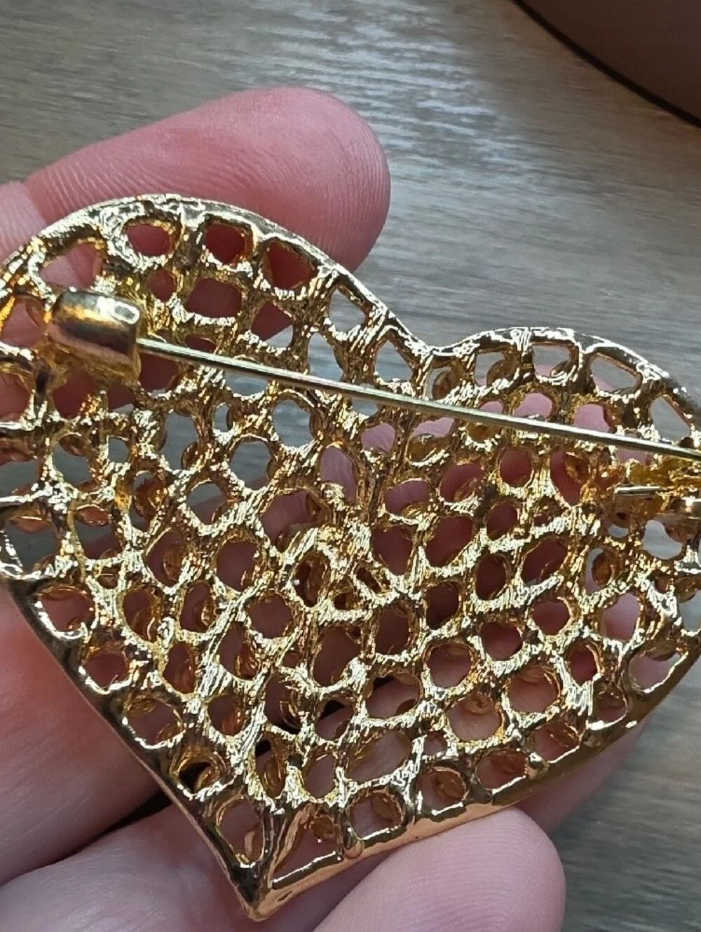 Gold Heart Brooch with Pink Crystals